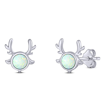 Deer Antler Stud Earring Created White Opal Solid 925 Sterling Silver (10.2mm)
